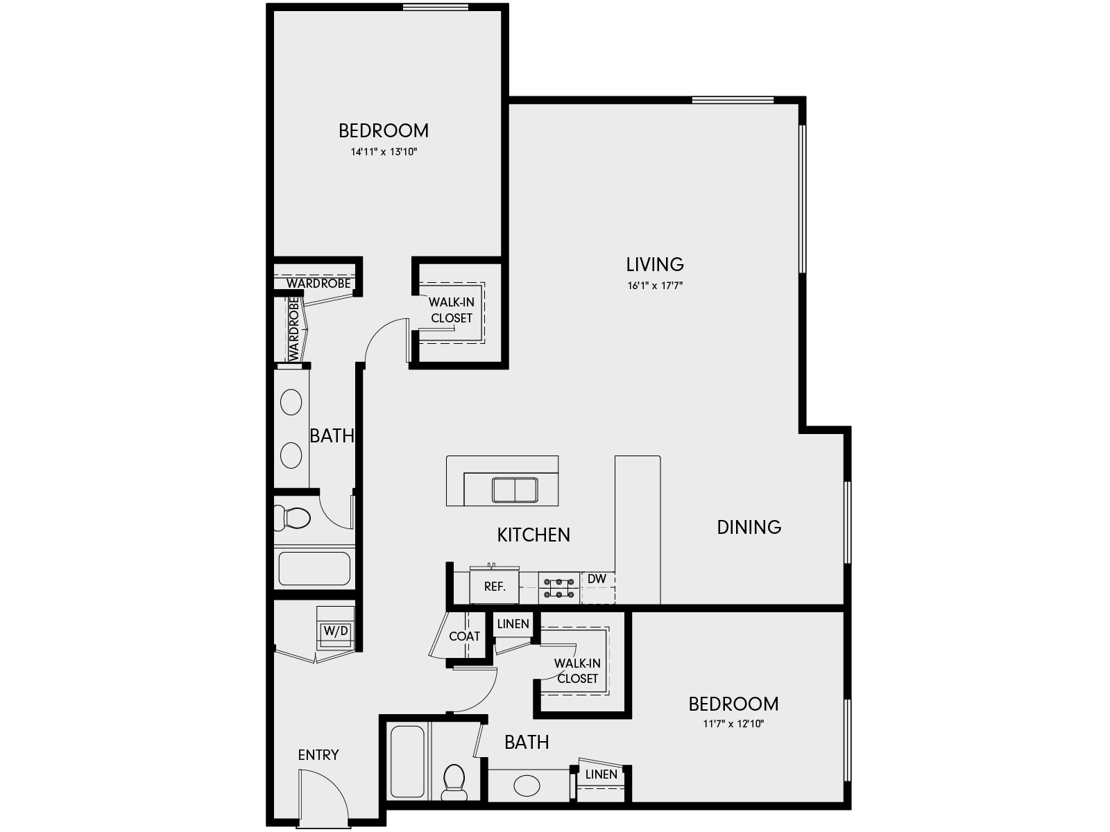 Floor plan for 2 beds, 2 baths, 1531 sqft